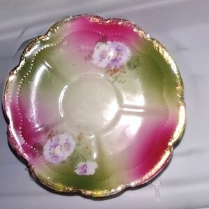 Brunswick Germany Saucer Plate Pink & Green Flowers Gold Trim Border